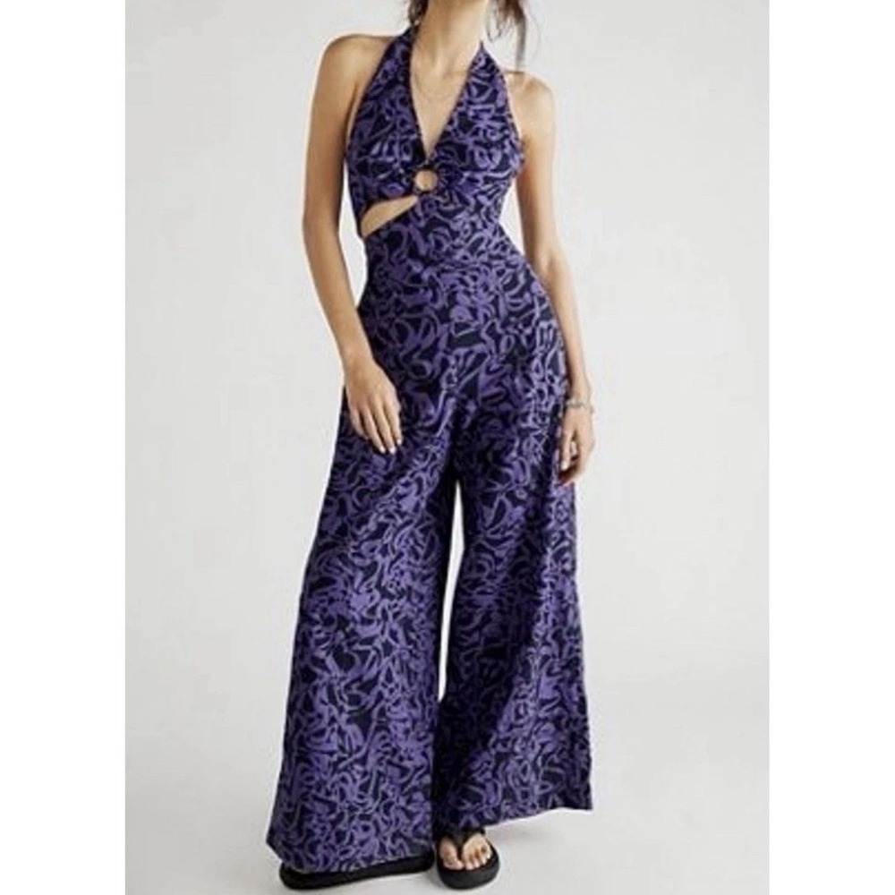 Free People Kira Wide Leg Jumpsuit Purple Black Halter Cutout Cotton M Boho 70s